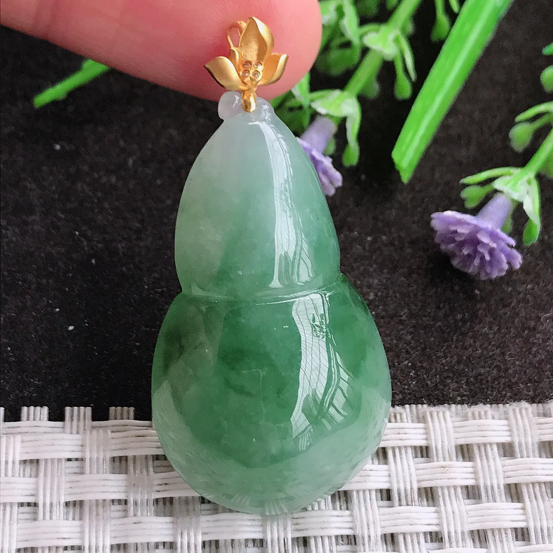 天然A货翡翠38.3/23/9老坑18k金镶嵌冰润飘花葫芦吊坠翡翠挂件