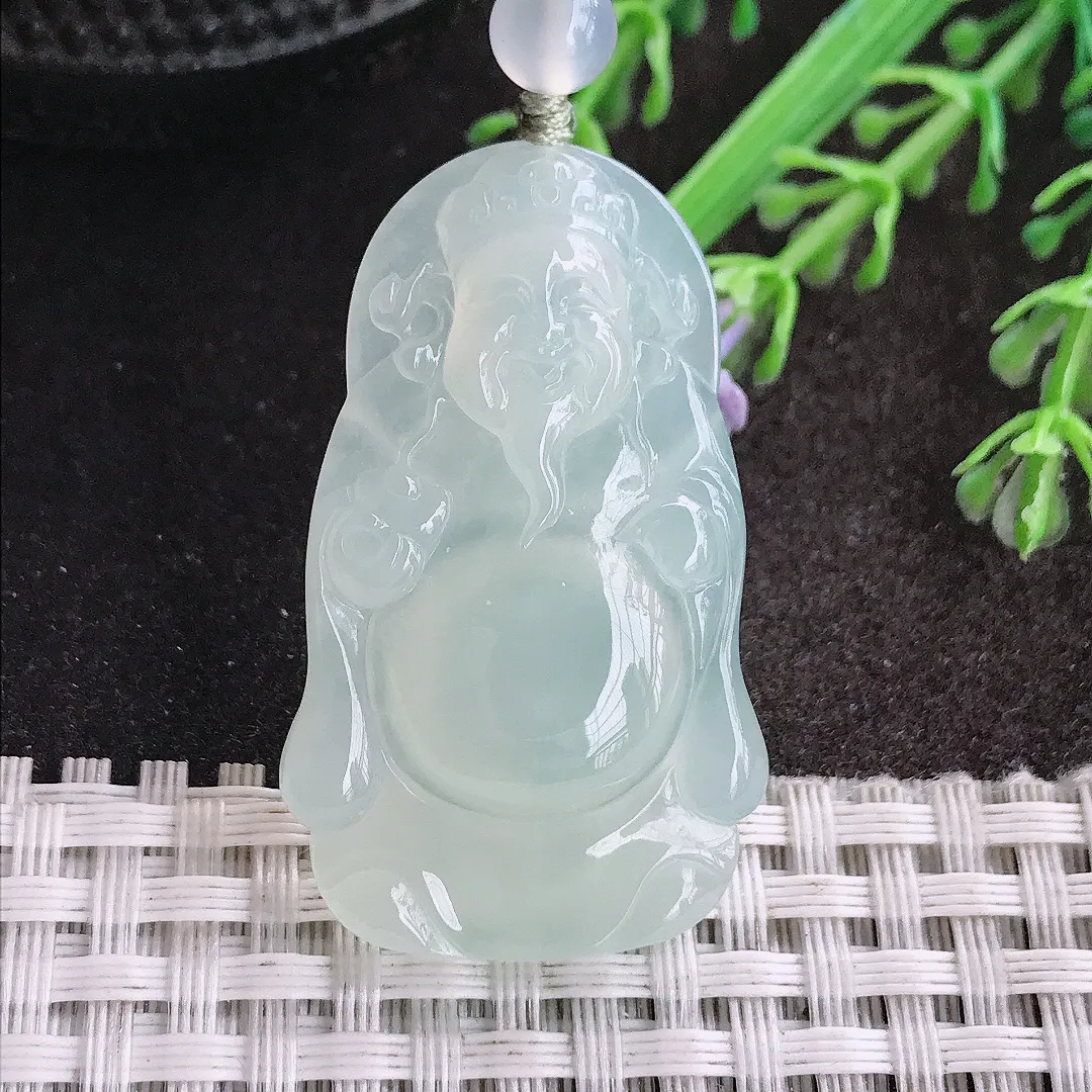 天然A货翡翠41.8/25/5.9老坑冰纯果冻胶冰晴财神爷吊坠翡翠挂件