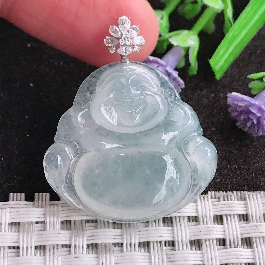 天然A货翡翠26/28.2/5.8老坑18k金镶嵌冰种佛公吊坠翡翠玉佛挂件