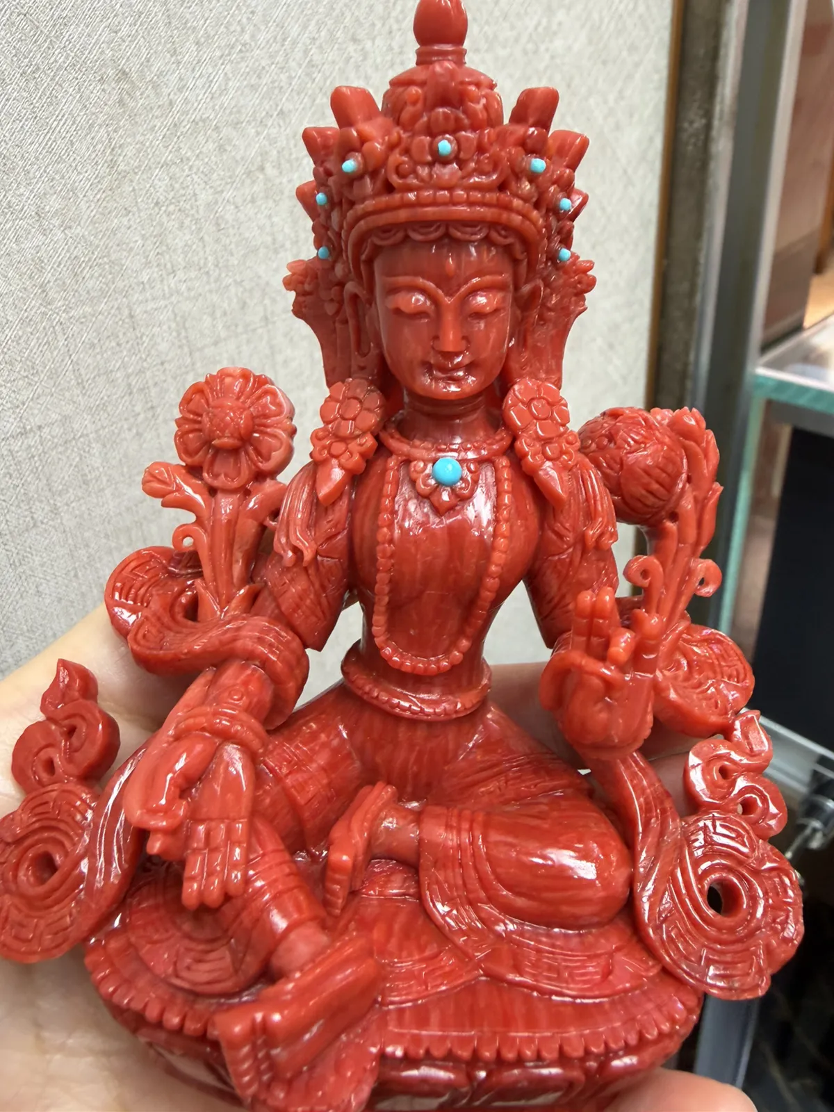 【天然红珊瑚拼接绿镀母中号摆件】意大利产地，沙丁珊瑚料，深红颜色，釆用台湾拼接手工工艺，精雕细镂，底