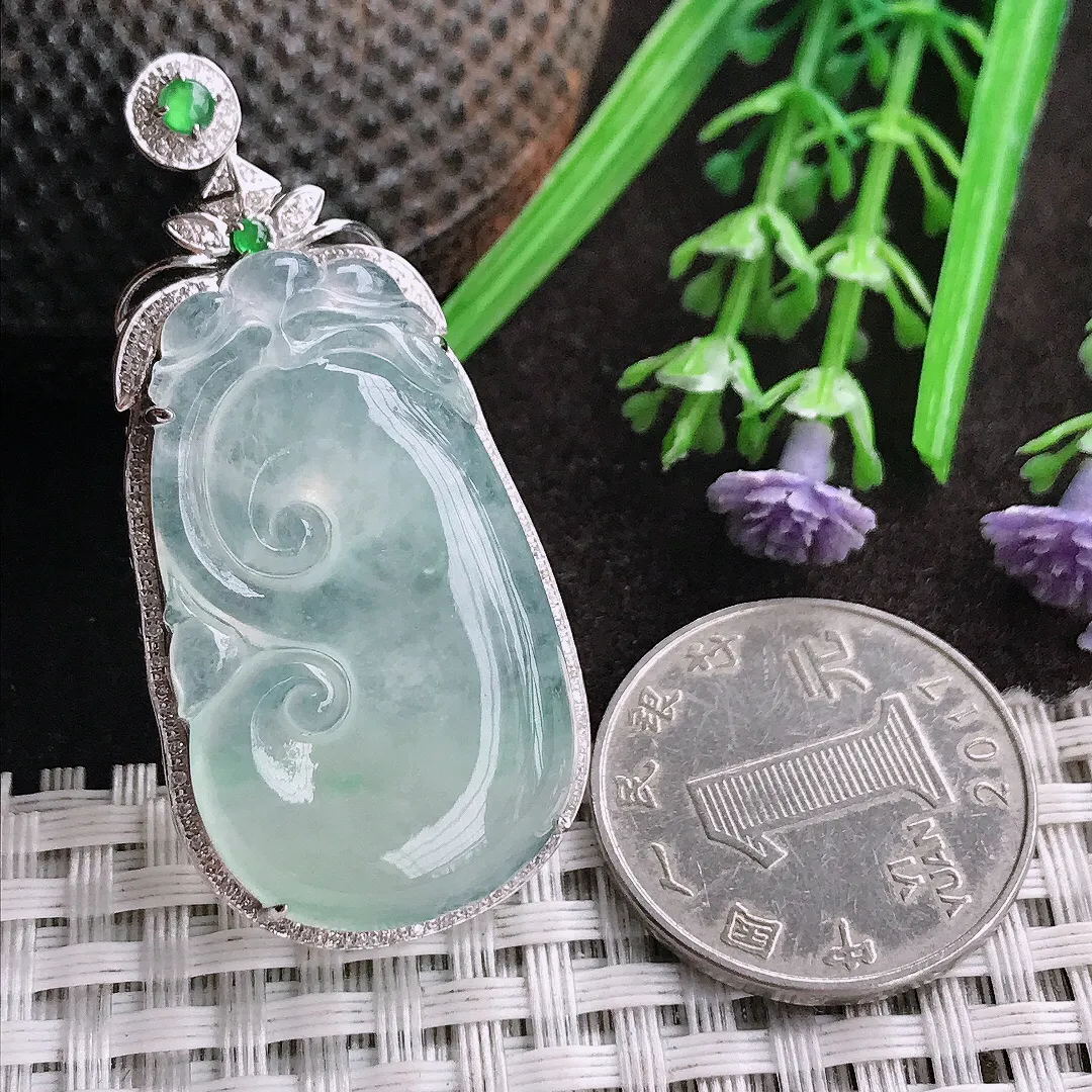 天然A货翡翠49/23/9老坑18k金镶嵌冰种起胶如意吊坠翡翠玉如意挂件