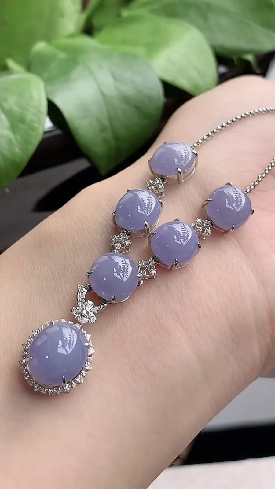 a货翡翠老坑冰种18K金伴钻镶嵌紫罗兰蛋面项链 尺寸10×9×9mm 重量8.85g 1209