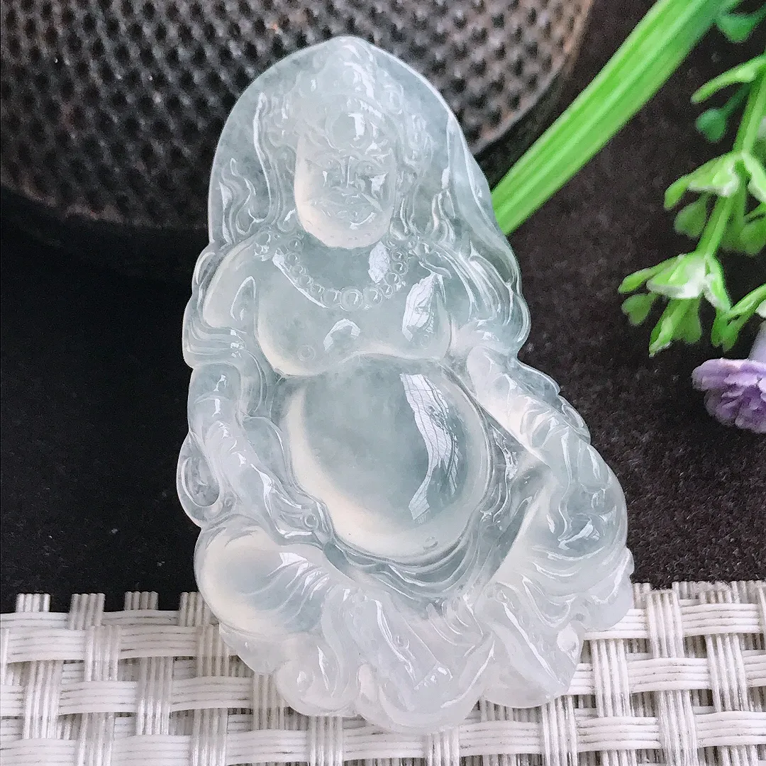 天然A货翡翠49.9/30.8/6老坑冰种果冻胶白冰黄财神吊坠翡翠挂件