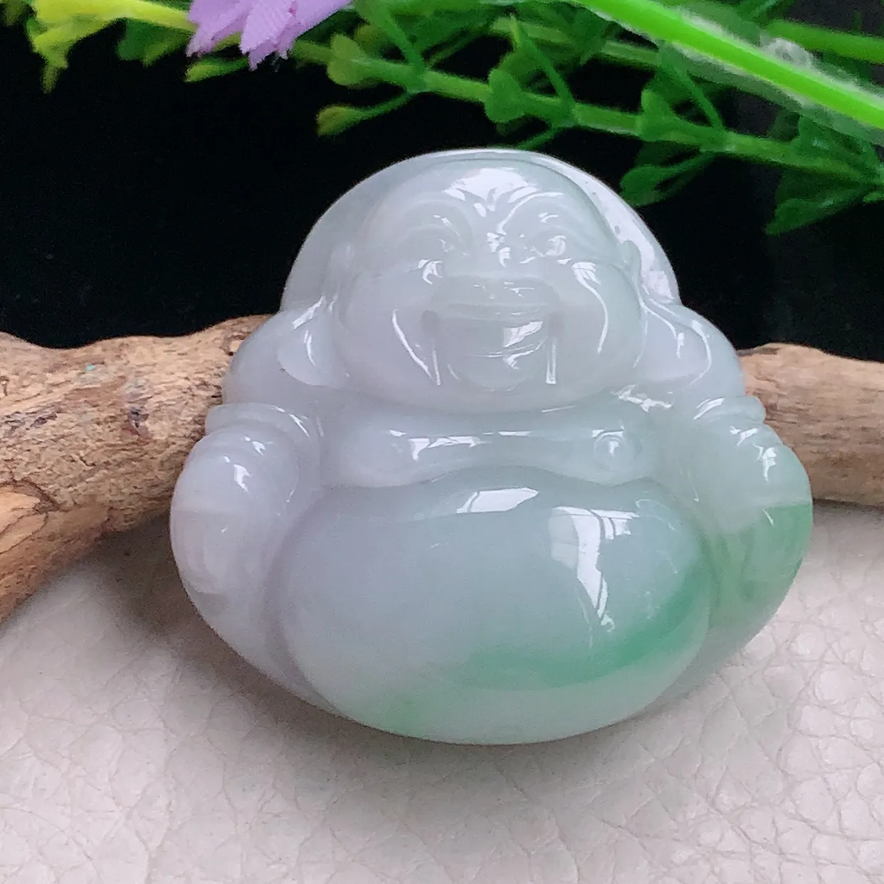 zen自然光38*39.8*12.3缅甸翡翠a货饱满飘花佛公 弥勒佛玉吊坠 玉挂件