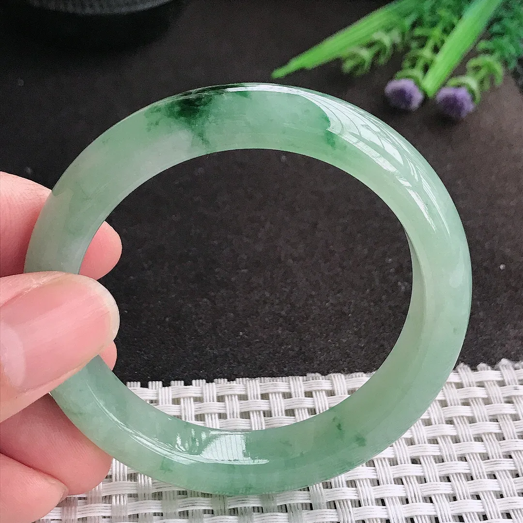 天然A货翡翠53/12.1/8.4老坑冰润起胶冰晴飘花手镯宽边玉镯