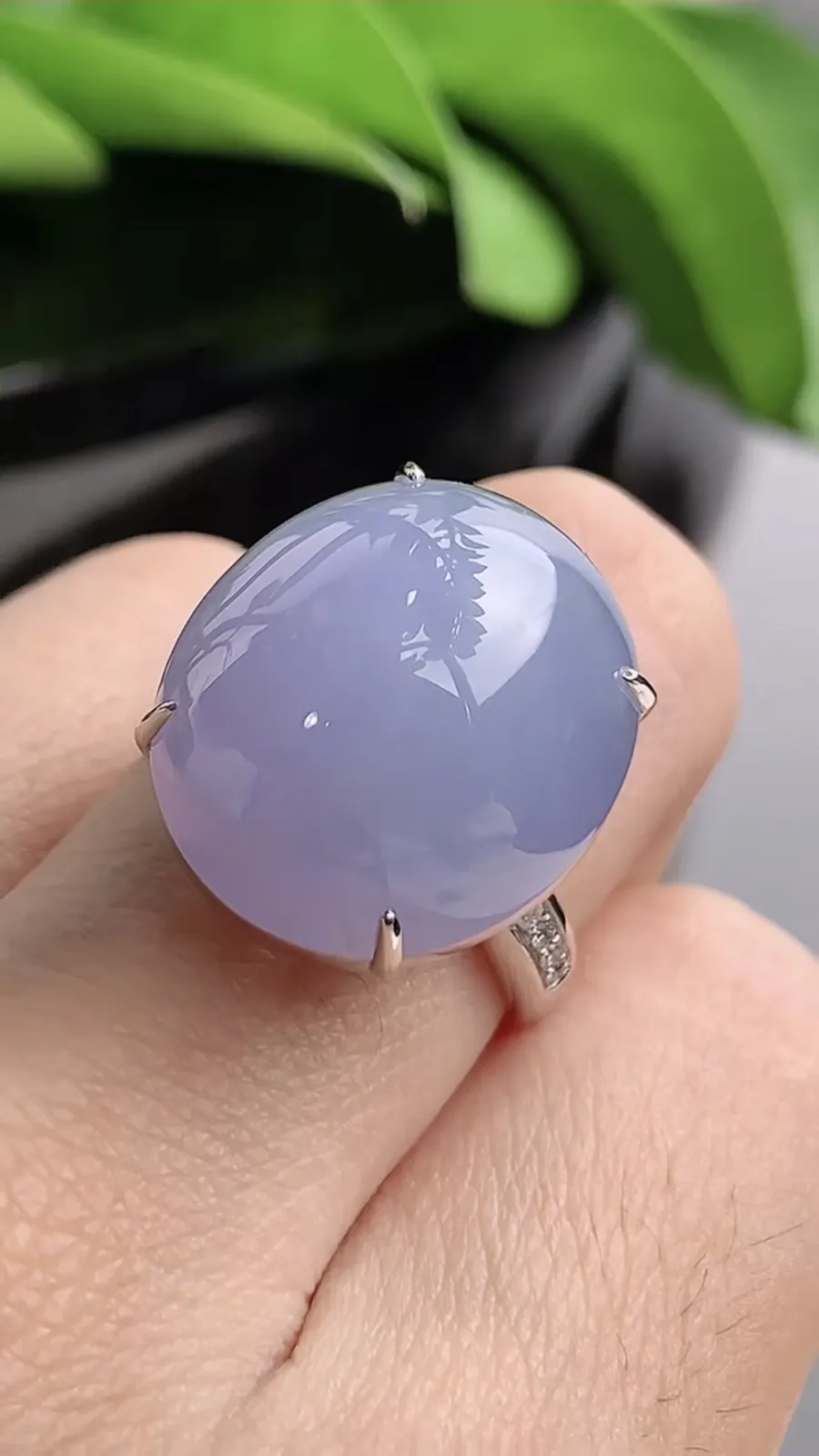 a货翡翠老坑冰种18K金伴钻镶嵌紫罗兰蛋面戒指 圈口17.8裸石尺寸18.4×16.2mm 重量8.77g 1208