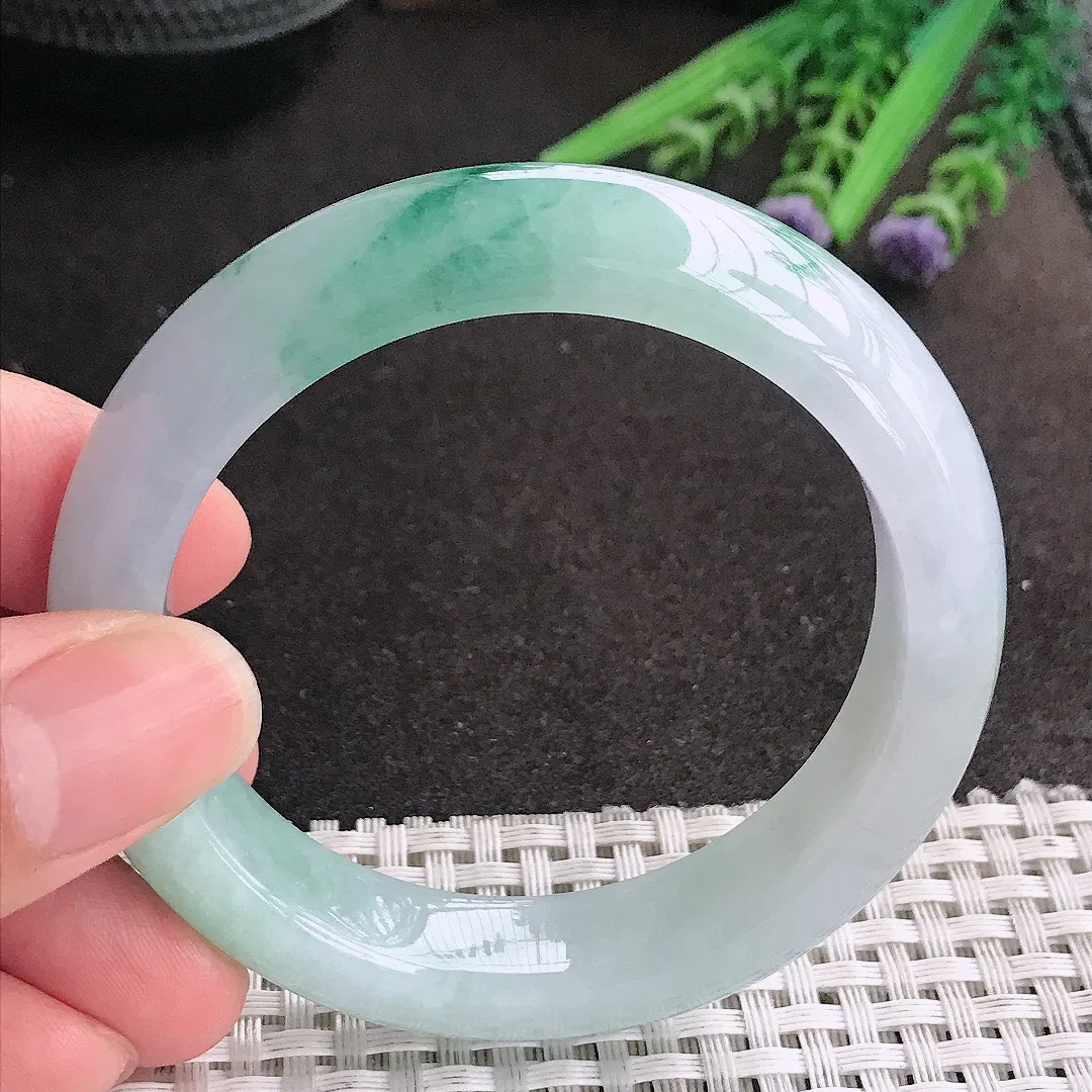 天然A货翡翠53/12.7/8.8老坑冰润起胶飘花手镯宽边玉镯