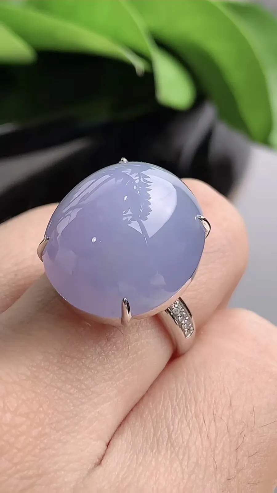 a货翡翠老坑冰种18K金伴钻镶嵌紫罗兰蛋面戒指 圈口17.8裸石尺寸18.4×16.2mm 重量8.77g 1208