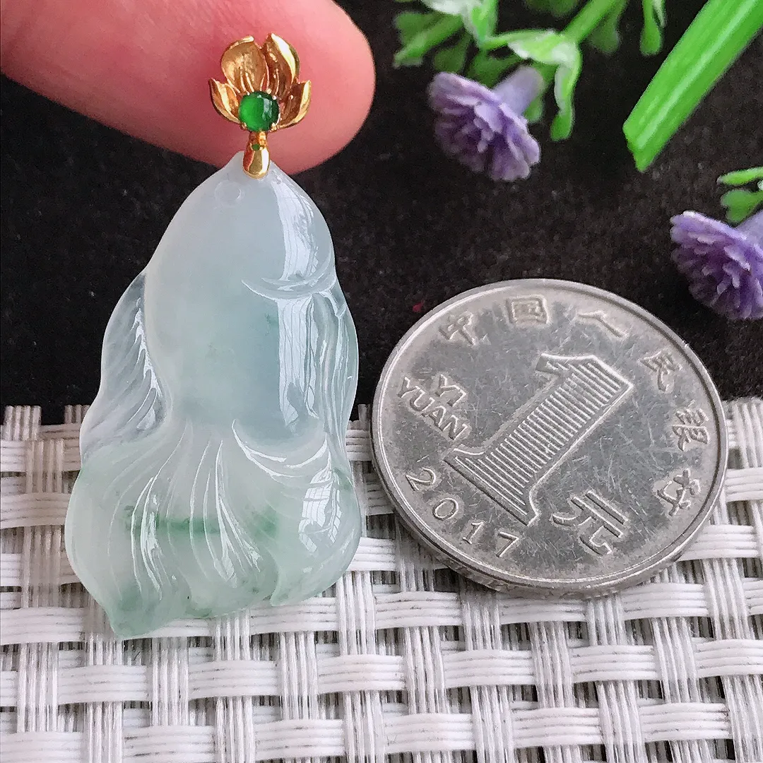 天然A货翡翠31/19.2/5老坑18k金镶嵌冰胶果冻冰晴金鱼吊坠翡翠挂件