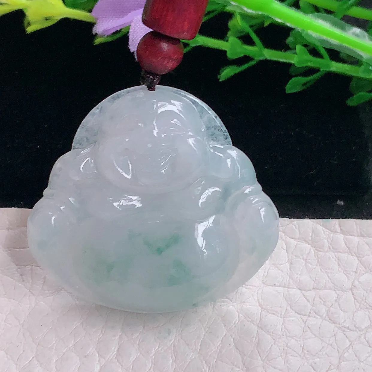 zen自然光31.3*35.8*6.6缅甸翡翠a货饱满冰飘花佛公 弥勒佛玉吊坠 玉挂件