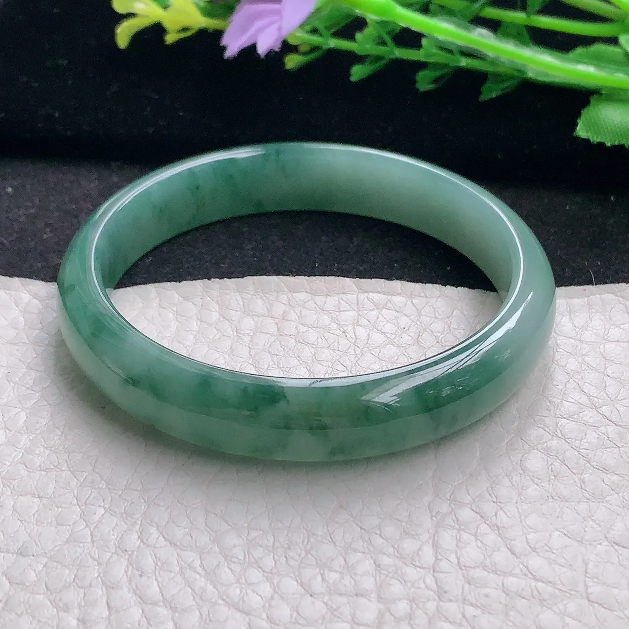 n自然光55*11.2*7.3平安镯 翡翠a货玉手镯冰飘花宽边珠宝玉手环