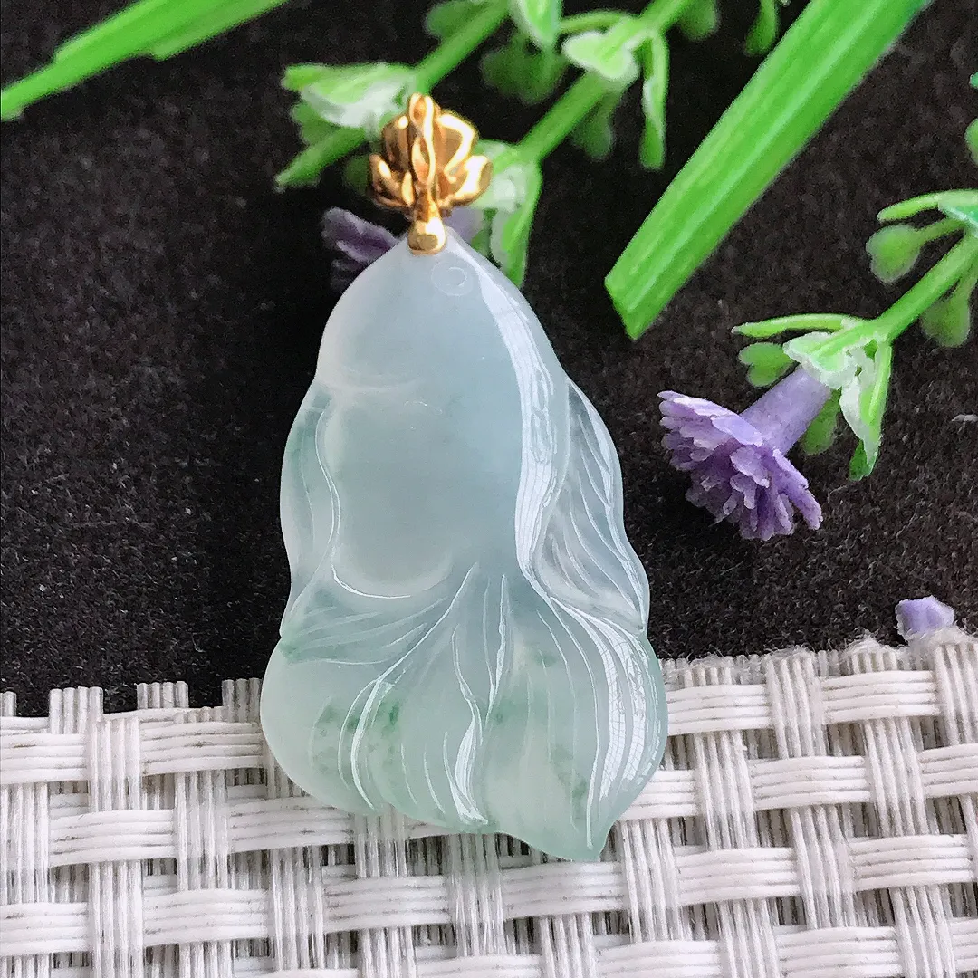 天然A货翡翠31/19.2/5老坑18k金镶嵌冰胶果冻冰晴金鱼吊坠翡翠挂件