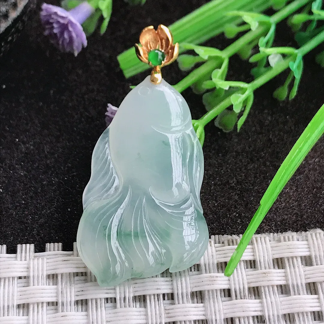 天然A货翡翠31/19.2/5老坑18k金镶嵌冰胶果冻冰晴金鱼吊坠翡翠挂件