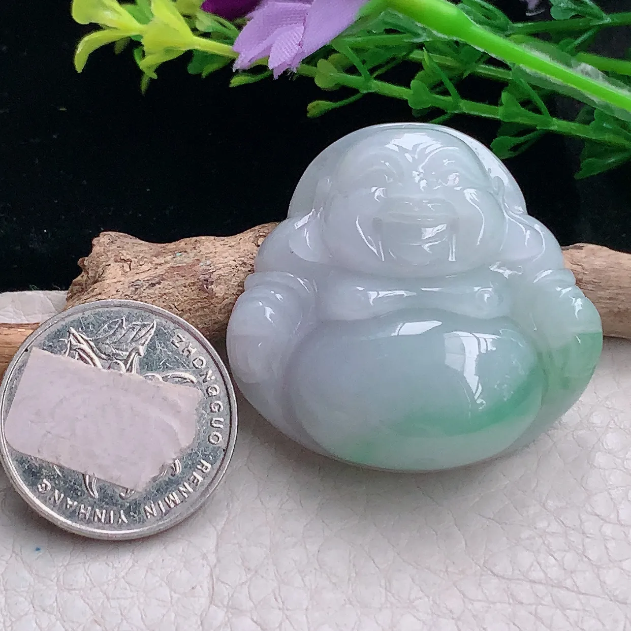zen自然光38*39.8*12.3缅甸翡翠a货饱满飘花佛公 弥勒佛玉吊坠 玉挂件
