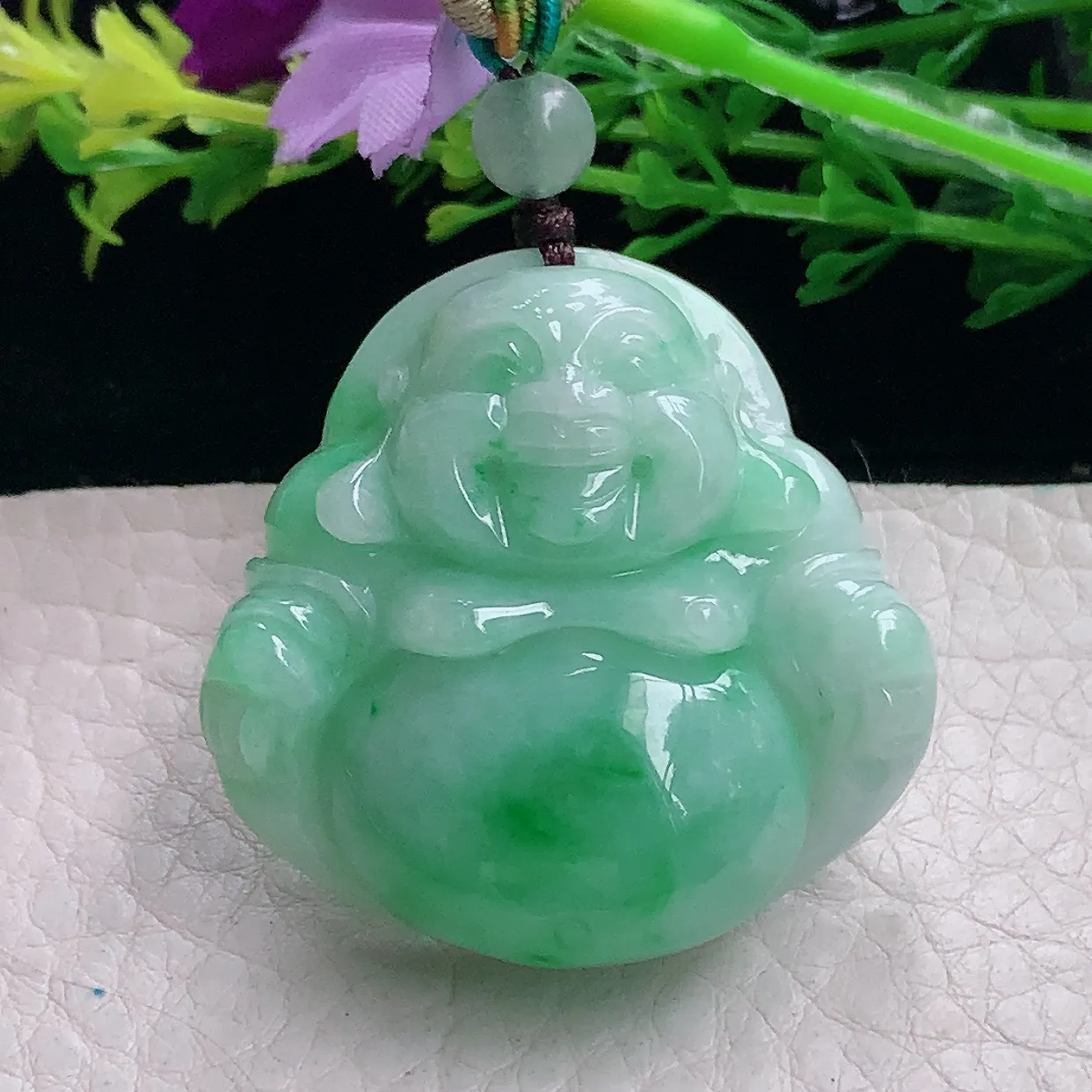 zen自然光38*38*11缅甸翡翠a货饱满飘绿佛公 弥勒佛玉吊坠 玉挂件