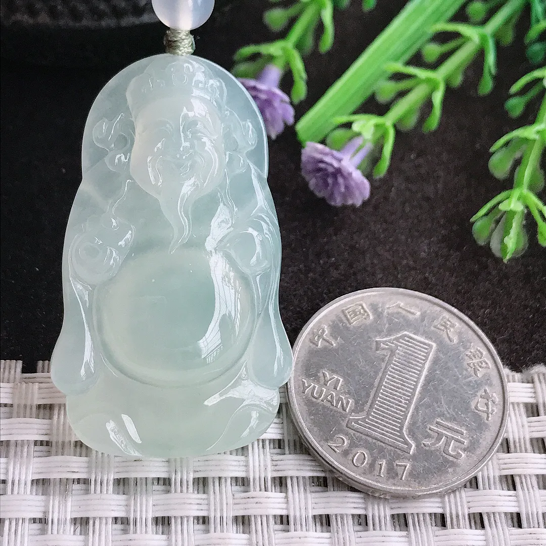 天然A货翡翠41.8/25/5.9老坑冰纯果冻胶冰晴财神爷吊坠翡翠挂件