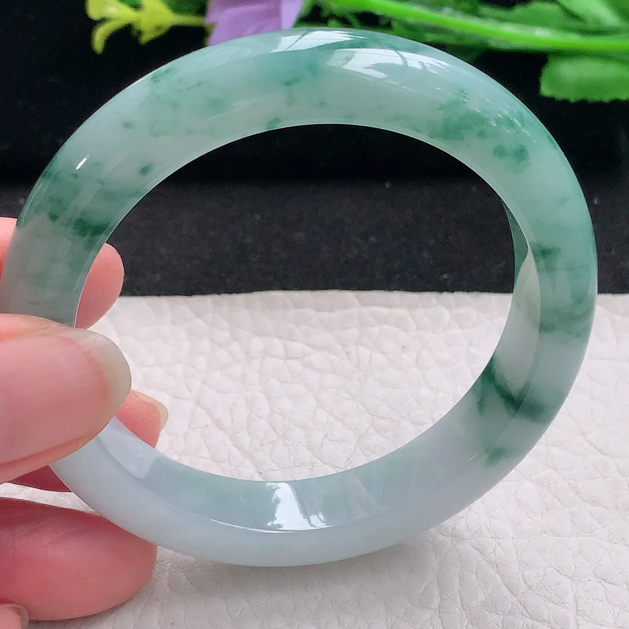 z自然光53*11.3*8.2平安镯 翡翠a货玉手镯冰飘花秀气宽边珠宝玉手环