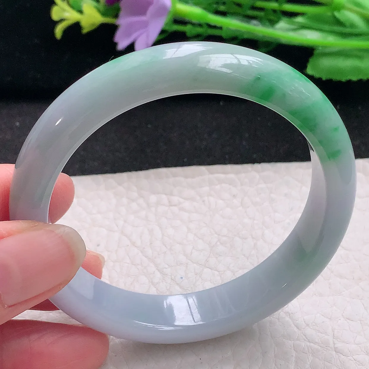 xx自然光56.5*12.3*7.5平安镯 翡翠a货玉手镯春带彩宽边珠宝玉手环