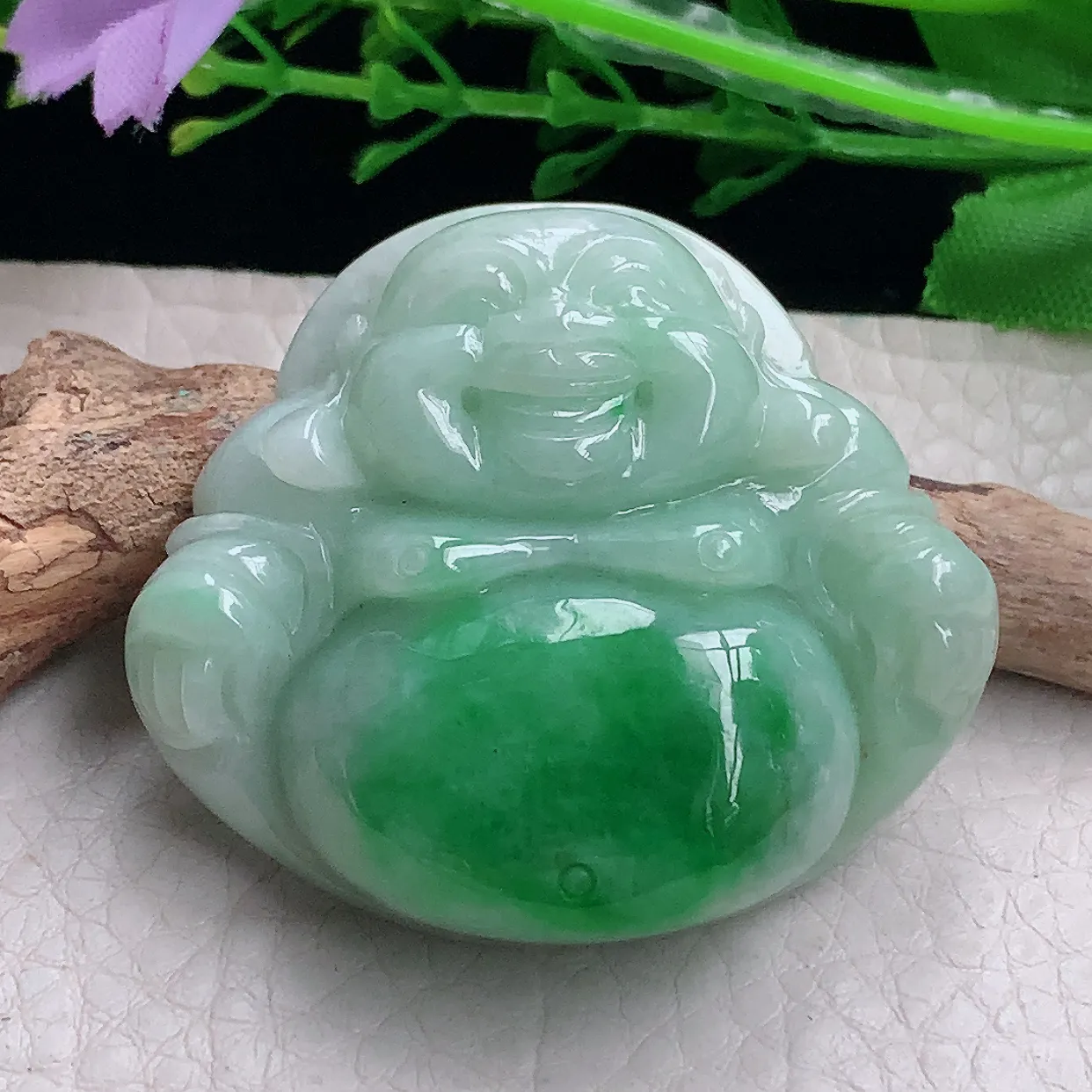 zen自然光41*46*13缅甸翡翠a货饱满辣绿佛公 弥勒佛玉吊坠 玉挂件