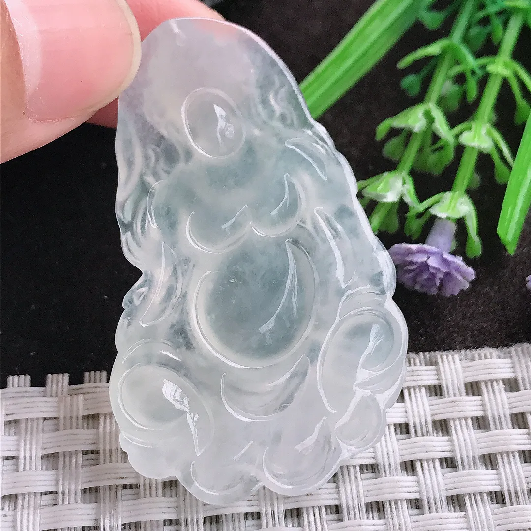 天然A货翡翠49.9/30.8/6老坑冰种果冻胶白冰黄财神吊坠翡翠挂件