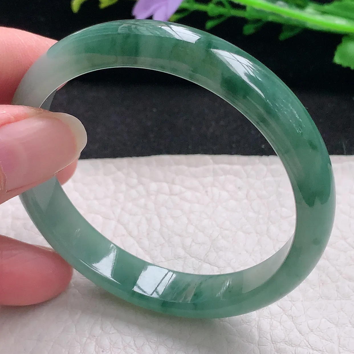 n自然光55*11.2*7.3平安镯 翡翠a货玉手镯冰飘花宽边珠宝玉手环