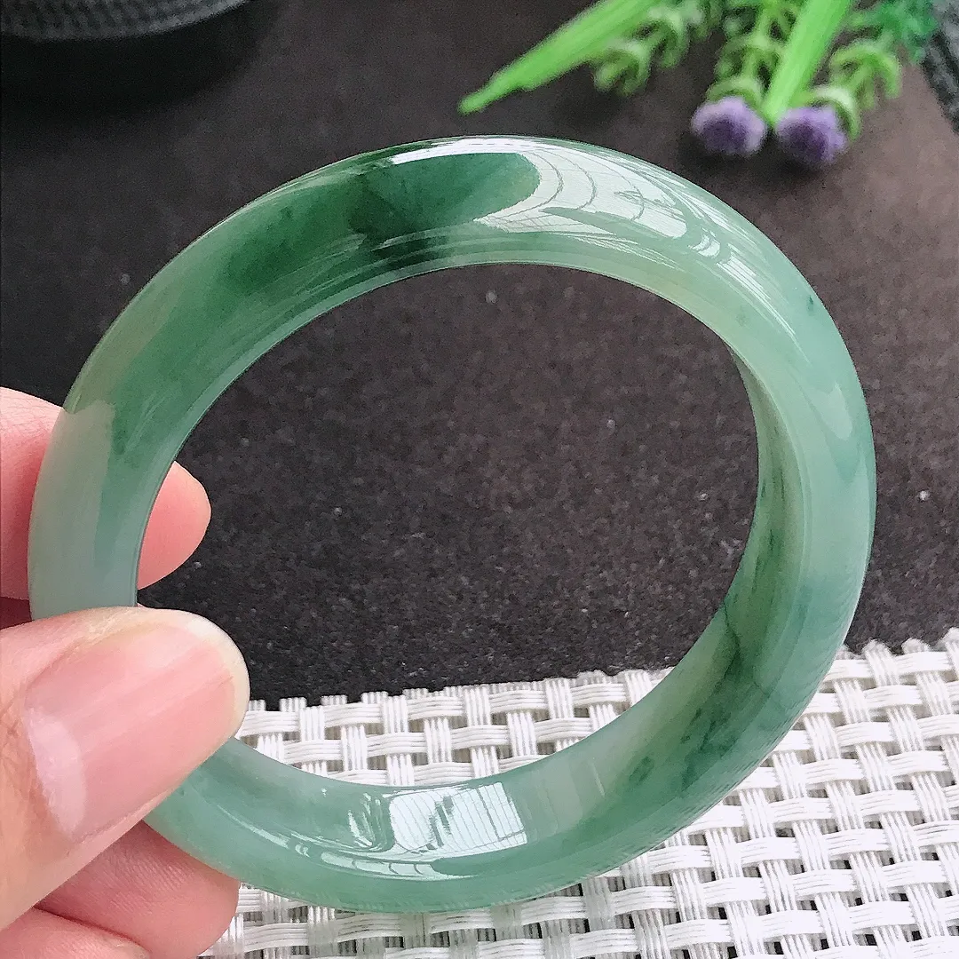 天然A货翡翠54.5/13.5/8.2老坑冰润起胶飘花手镯宽边玉镯