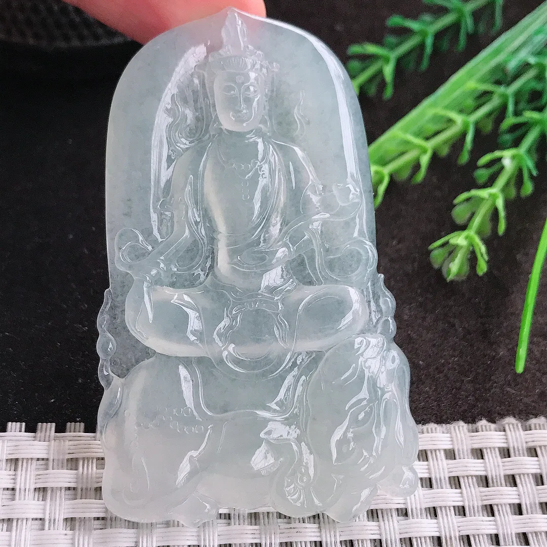 天然A货翡翠70/43.6/5.9老坑冰种起胶冰纯普贤菩萨吊坠翡翠挂件