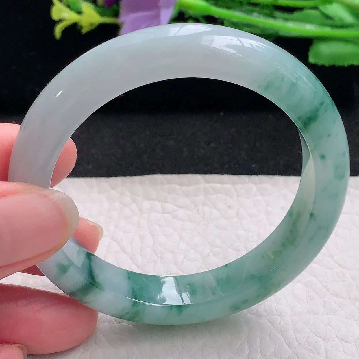 z自然光53*11.3*8.2平安镯 翡翠a货玉手镯冰飘花秀气宽边珠宝玉手环