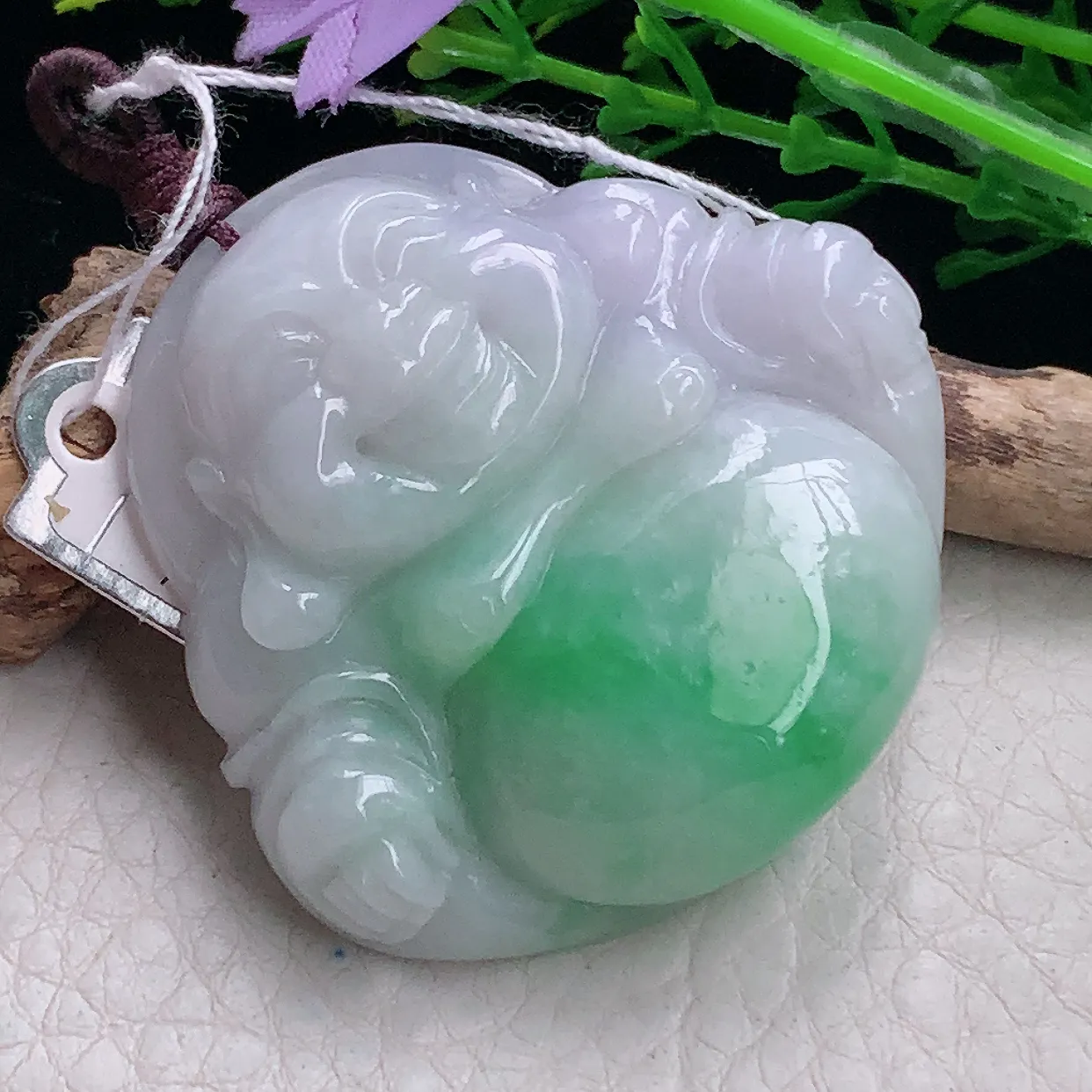 zen自然光44*46*12.3缅甸翡翠a货饱满淡春带彩佛公 弥勒佛玉吊坠 玉挂件