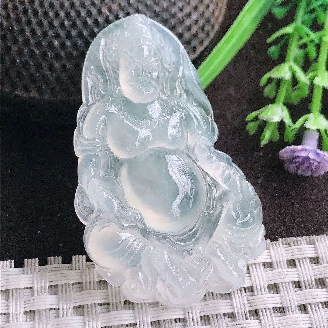 天然A货翡翠49.9/30.8/6老坑冰种果冻胶白冰黄财神吊坠翡翠挂件