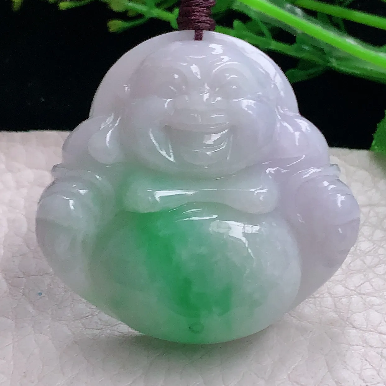 zen自然光44*46*12.3缅甸翡翠a货饱满淡春带彩佛公 弥勒佛玉吊坠 玉挂件