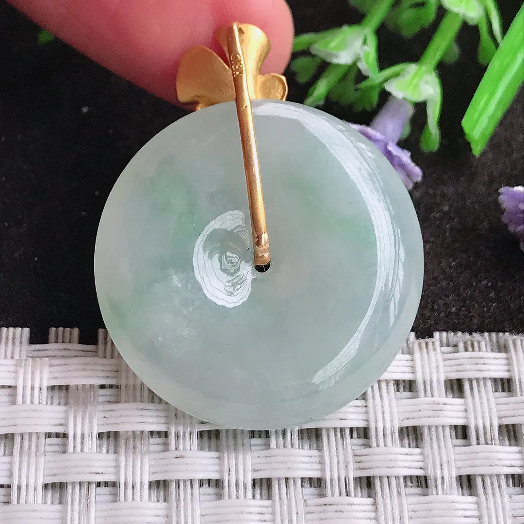 天然A货翡翠26.9/5.8老坑18k金镶嵌冰胶水灵平安扣吊坠翡翠玉扣挂件