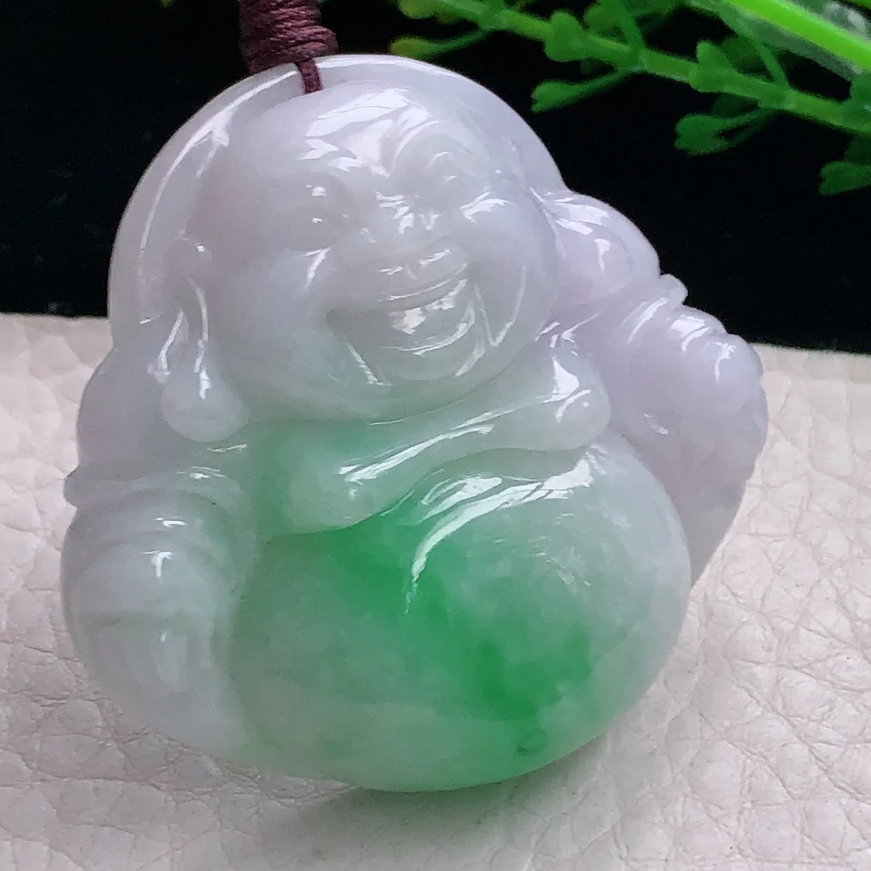 zen自然光44*46*12.3缅甸翡翠a货饱满淡春带彩佛公 弥勒佛玉吊坠 玉挂件