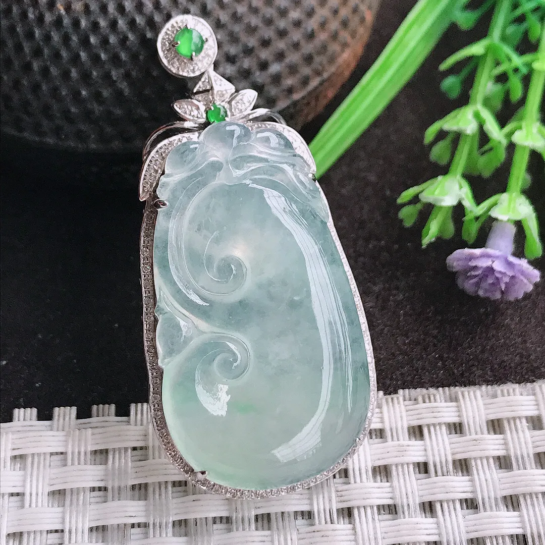 天然A货翡翠49/23/9老坑18k金镶嵌冰种起胶如意吊坠翡翠玉如意挂件