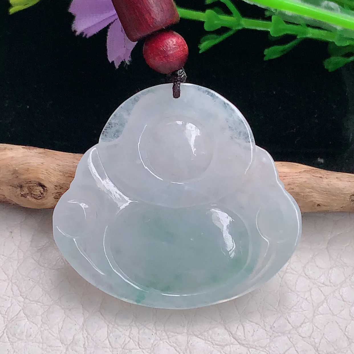 zen自然光31.3*35.8*6.6缅甸翡翠a货饱满冰飘花佛公 弥勒佛玉吊坠 玉挂件