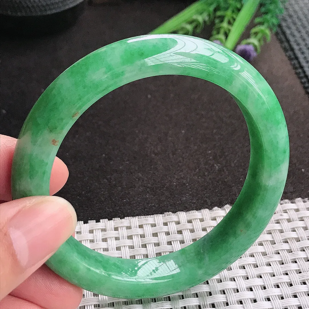 天然A货翡翠58.5/11.8/9.2老坑精美温润满绿手镯宽边玉镯