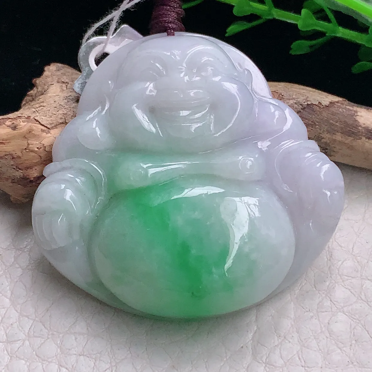 zen自然光44*46*12.3缅甸翡翠a货饱满淡春带彩佛公 弥勒佛玉吊坠 玉挂件