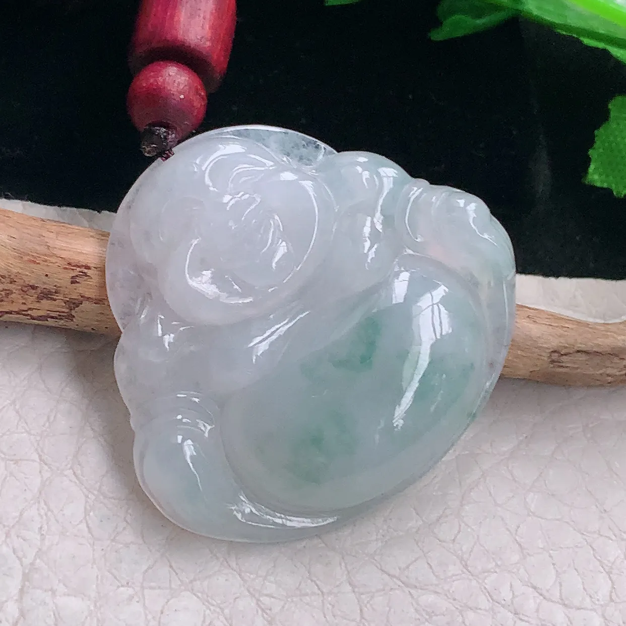 zen自然光31.3*35.8*6.6缅甸翡翠a货饱满冰飘花佛公 弥勒佛玉吊坠 玉挂件