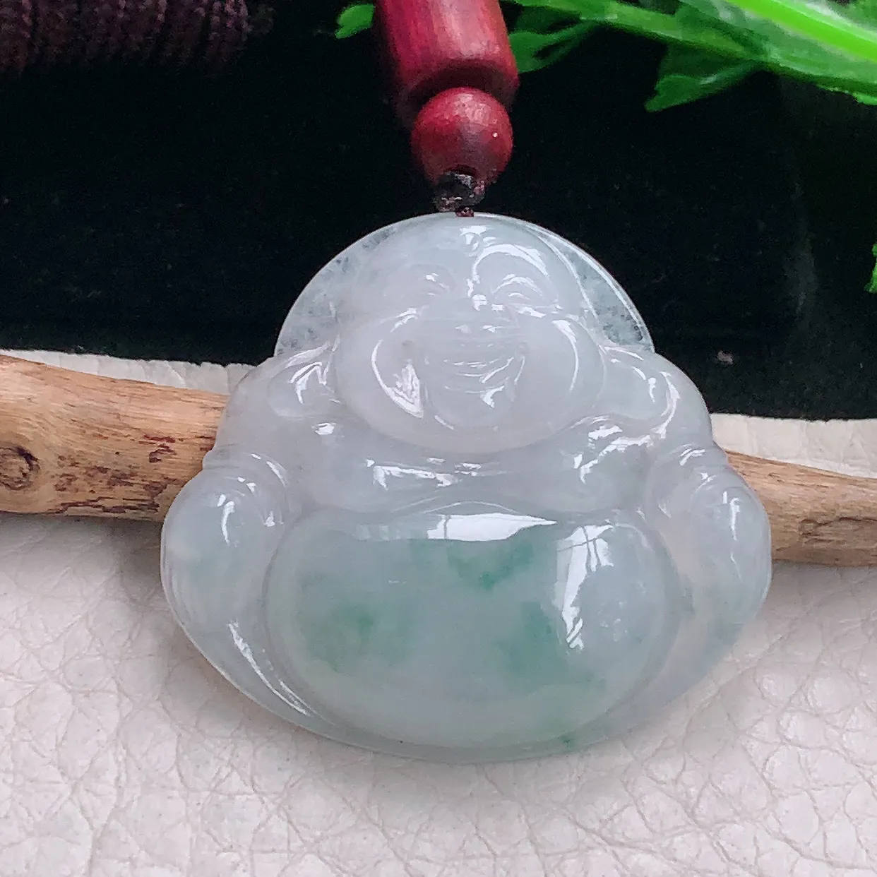 zen自然光31.3*35.8*6.6缅甸翡翠a货饱满冰飘花佛公 弥勒佛玉吊坠 玉挂件