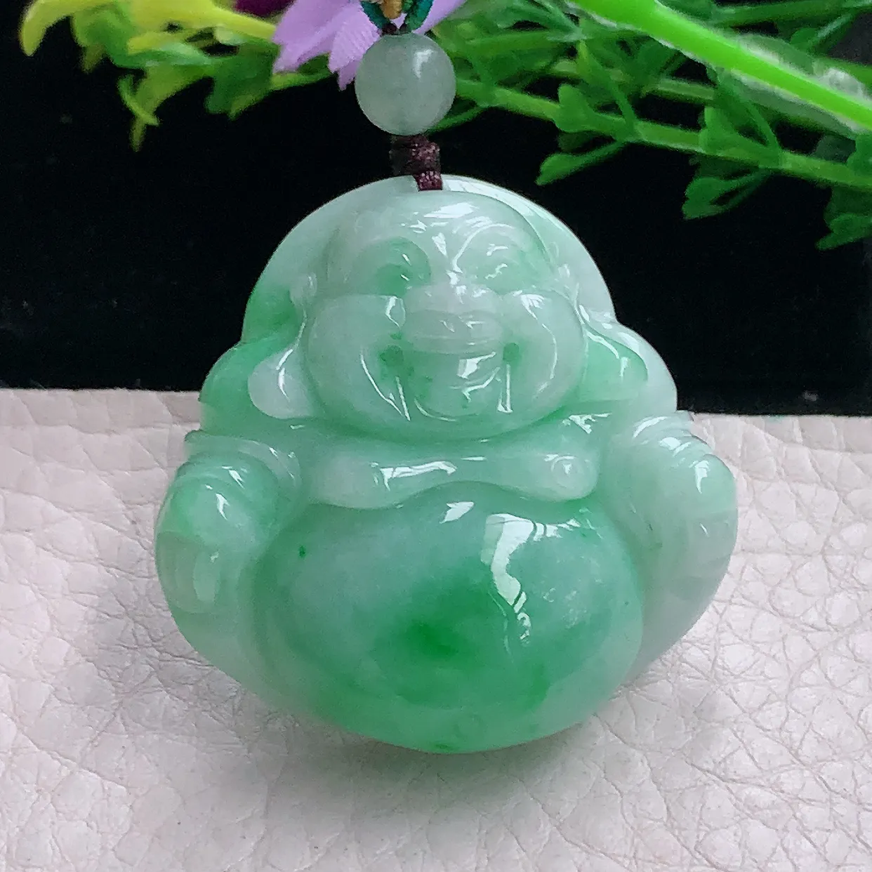 zen自然光38*38*11缅甸翡翠a货饱满飘绿佛公 弥勒佛玉吊坠 玉挂件
