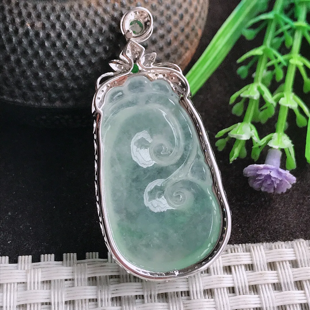 天然A货翡翠49/23/9老坑18k金镶嵌冰种起胶如意吊坠翡翠玉如意挂件