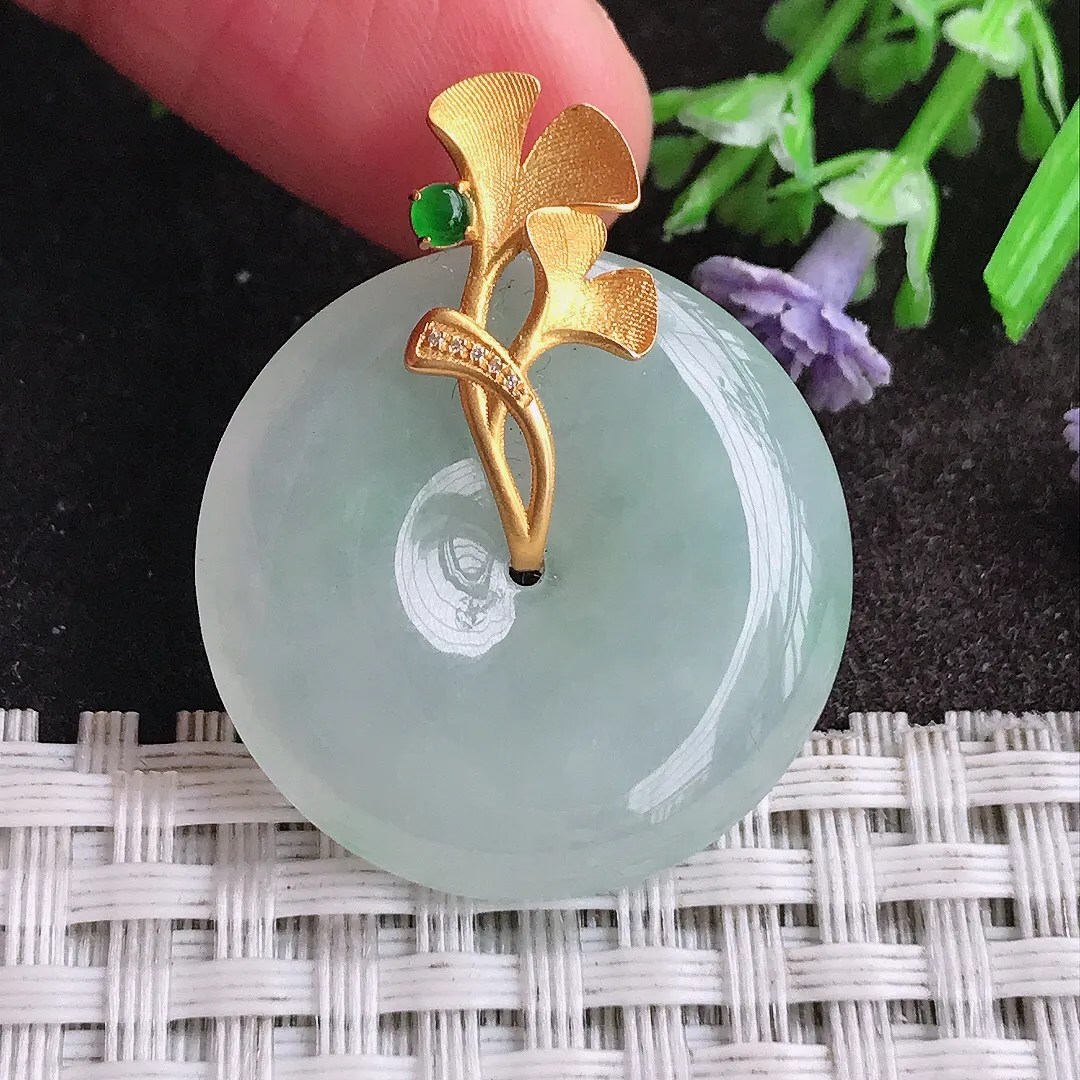 天然A货翡翠26.9/5.8老坑18k金镶嵌冰胶水灵平安扣吊坠翡翠玉扣挂件