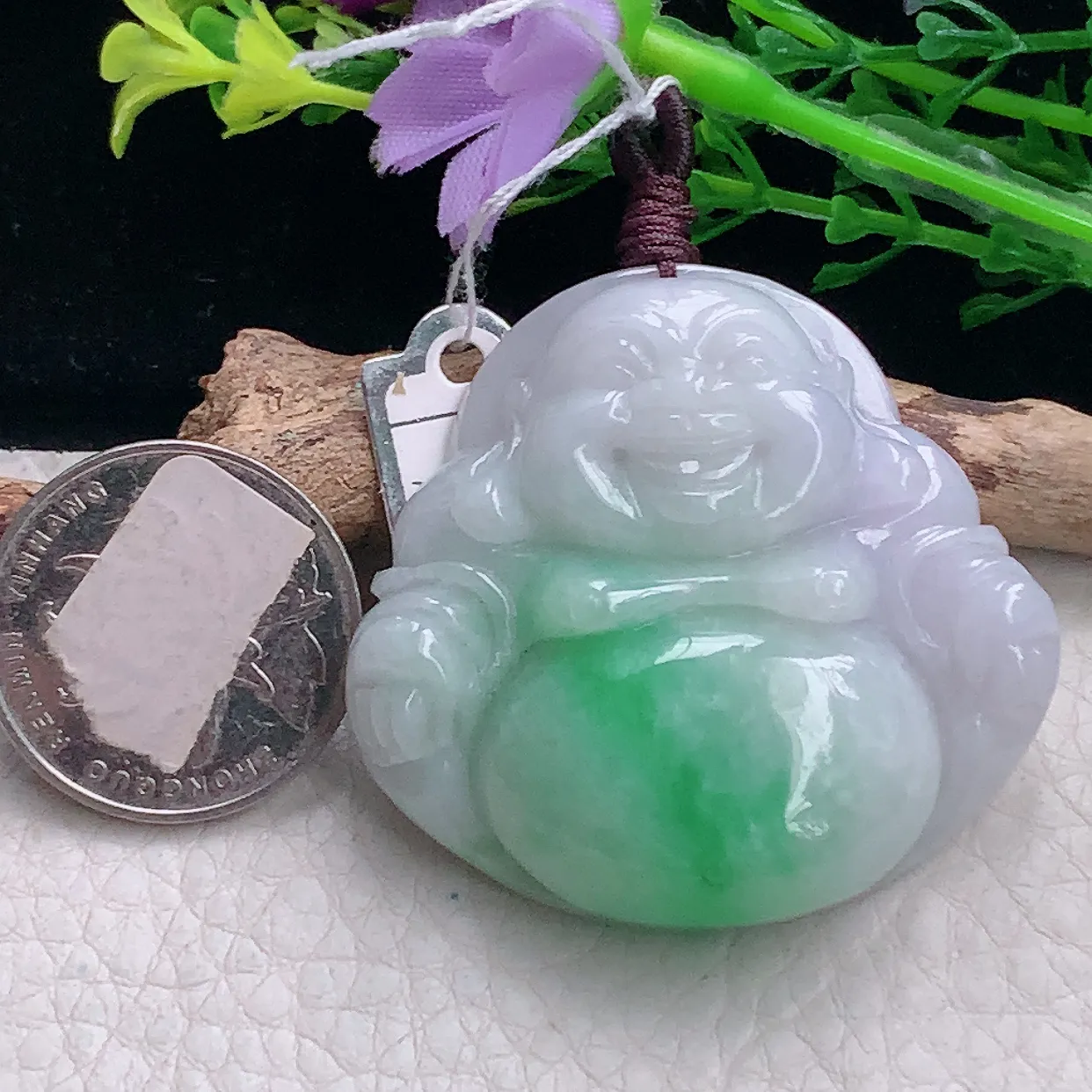 zen自然光44*46*12.3缅甸翡翠a货饱满淡春带彩佛公 弥勒佛玉吊坠 玉挂件