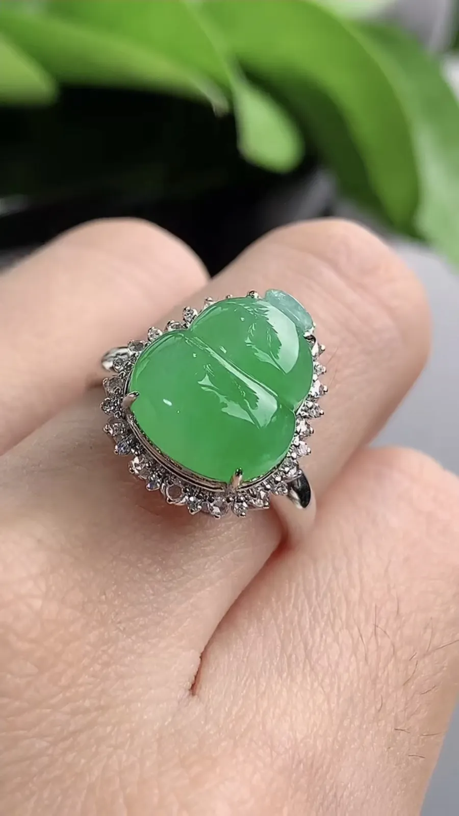 a货翡翠老坑冰种18K金伴钻镶嵌甜绿葫芦戒指 圈口17.4裸石尺寸12.3×10.7mm 重量3.28g 1208