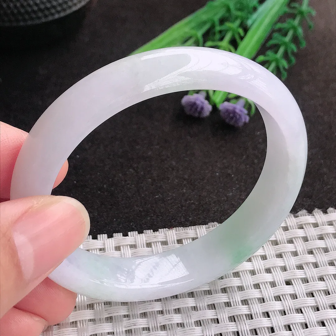 天然A货翡翠55/47.8/12.5/7.8老坑秀气温润飘花贵妃手镯宽边玉镯