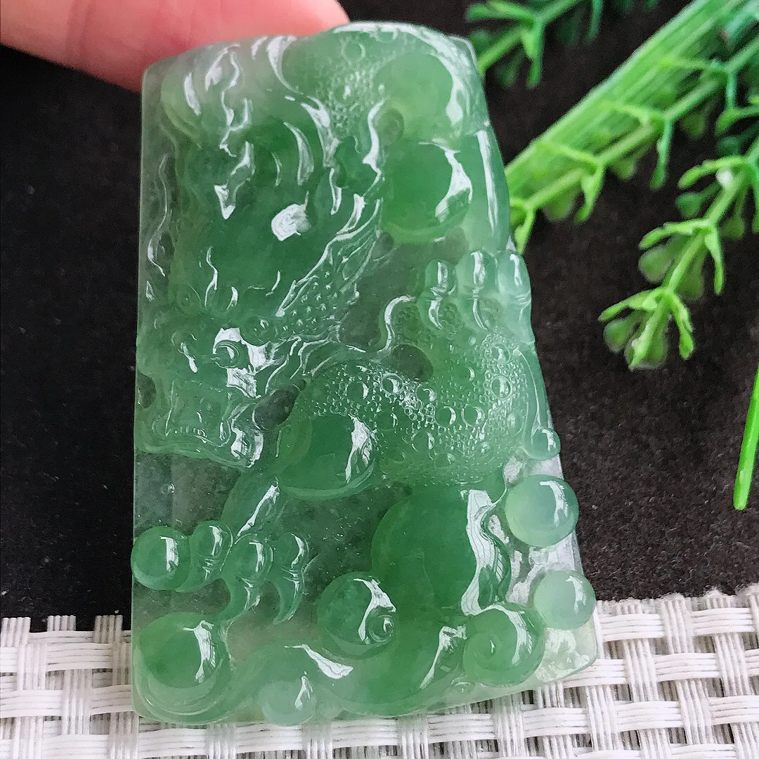 天然A货翡翠61/40.7/5.9老坑冰胶果冻冰晴满绿龙牌吊坠翡翠挂件