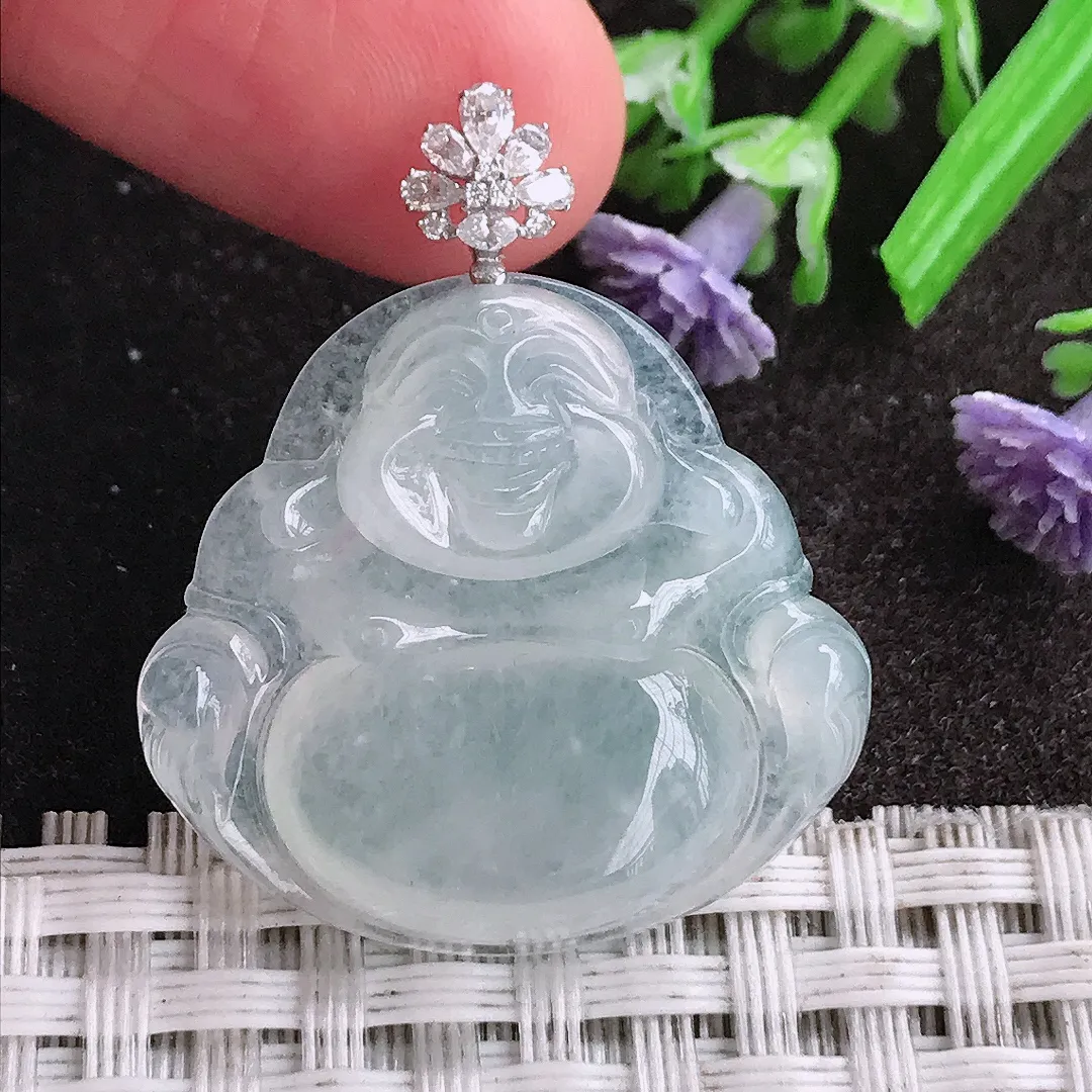 天然A货翡翠26/28.2/5.8老坑18k金镶嵌冰种佛公吊坠翡翠玉佛挂件