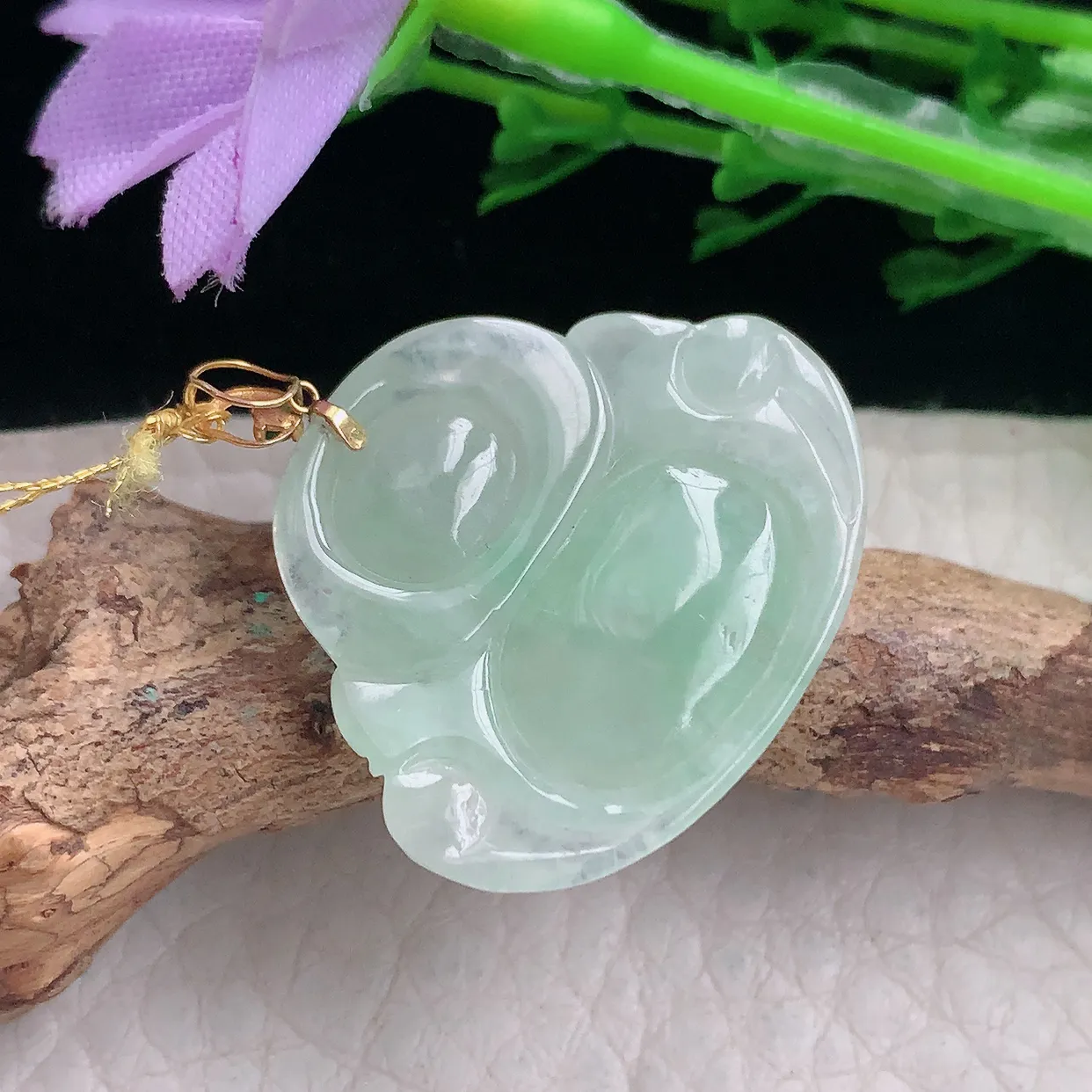 ws自然光26.3*29.5*6天然缅甸翡翠冰甜绿佛公 开心佛玉吊坠 玉挂件