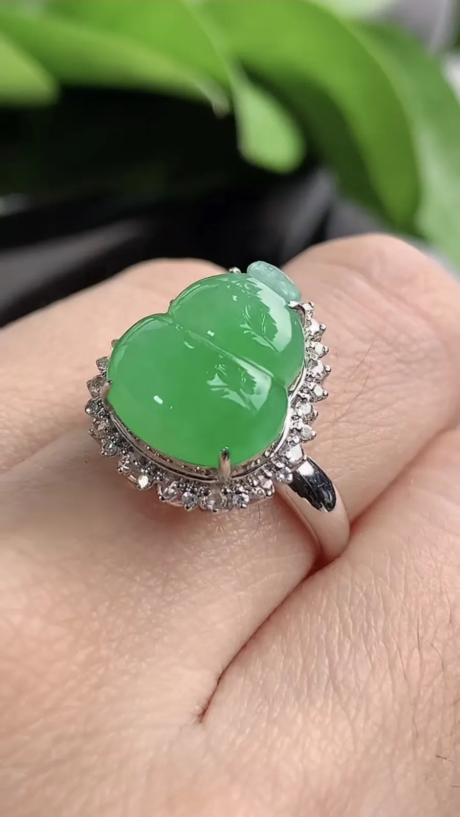 a货翡翠老坑冰种18K金伴钻镶嵌甜绿葫芦戒指 圈口17.4裸石尺寸12.3×10.7mm 重量3.28g 1208