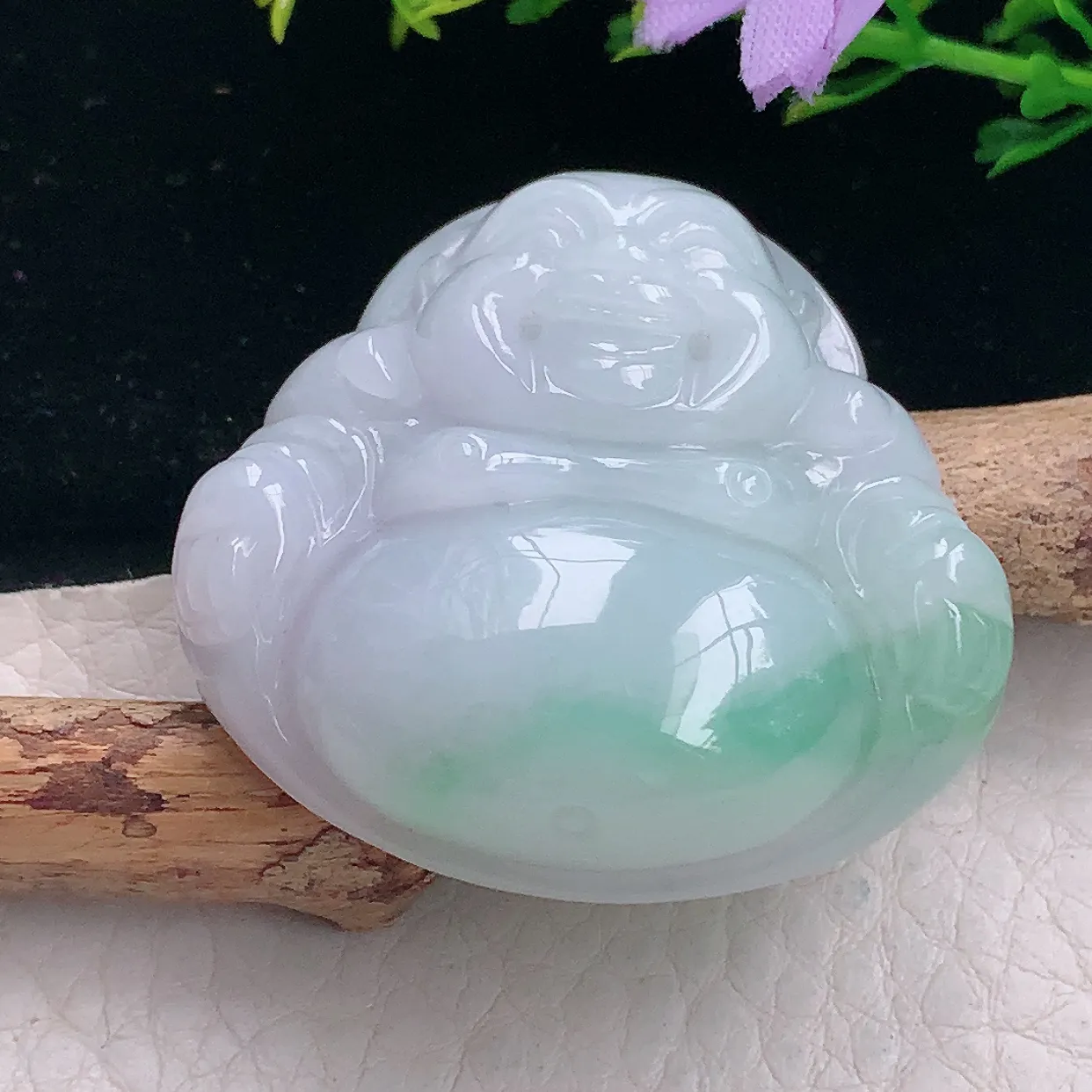 zen自然光38*39.8*12.3缅甸翡翠a货饱满飘花佛公 弥勒佛玉吊坠 玉挂件